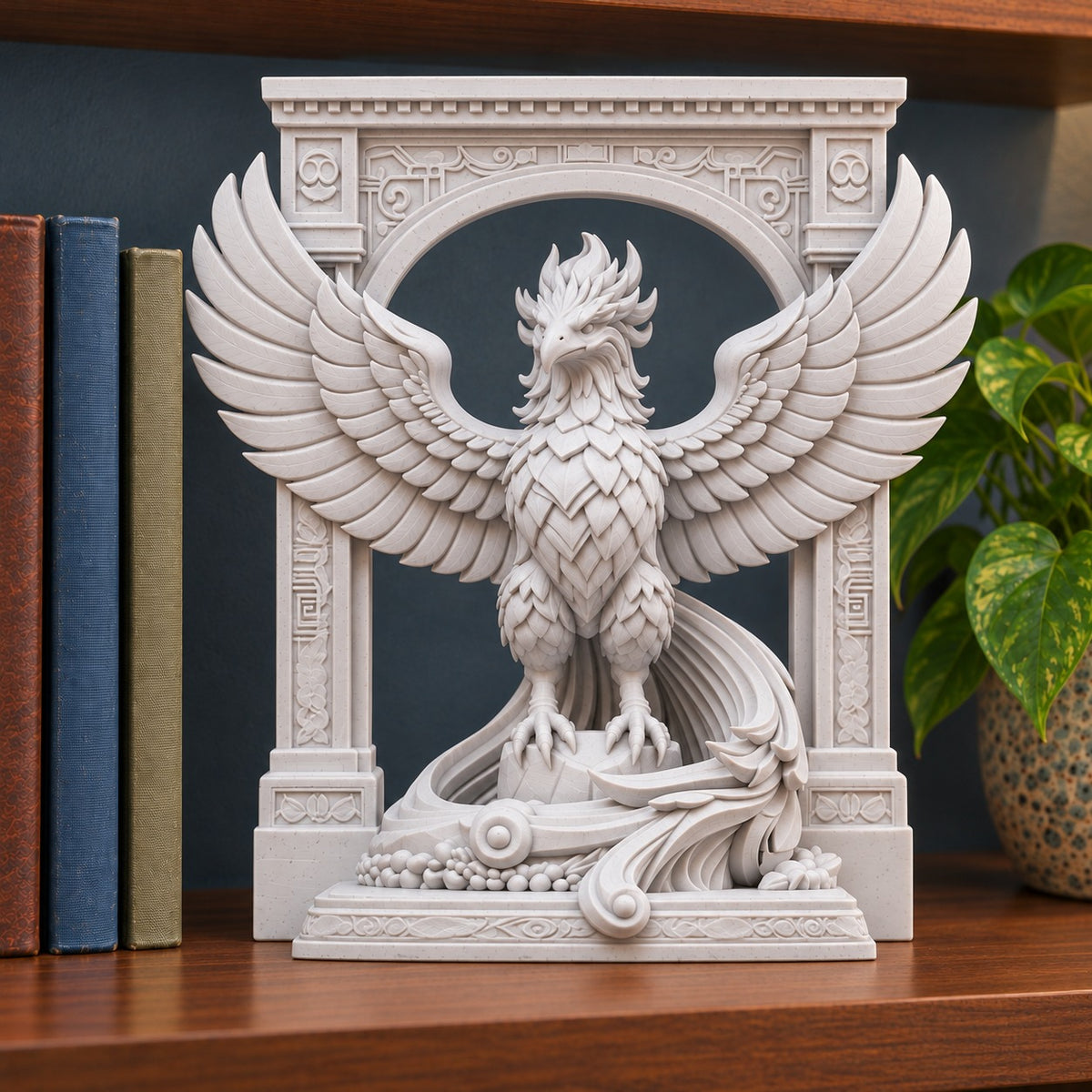 The Phoenix Rise Again desk sculpture in Marble White, large, 20 cm, on a bookshelf