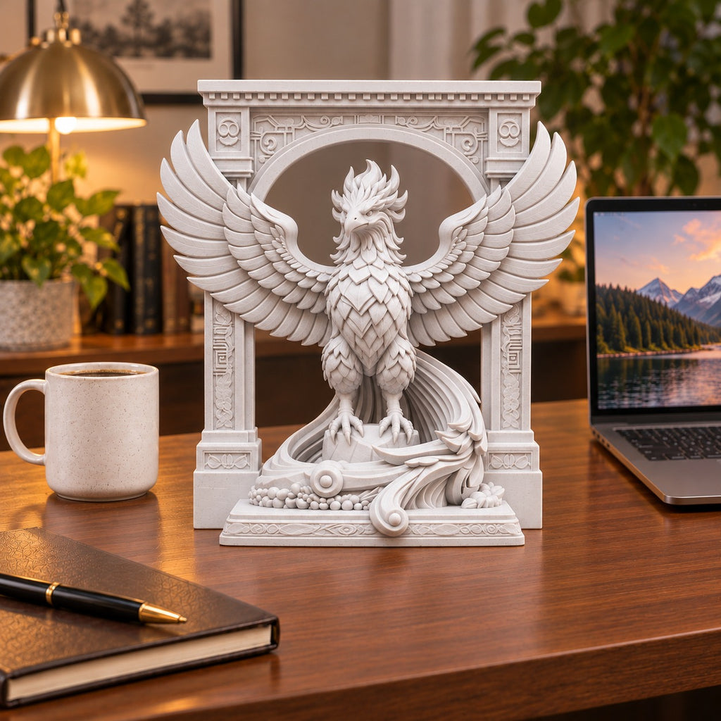 The Phoenix Rise Again desk sculpture in Marble White, large, 20 cm, on an office desk