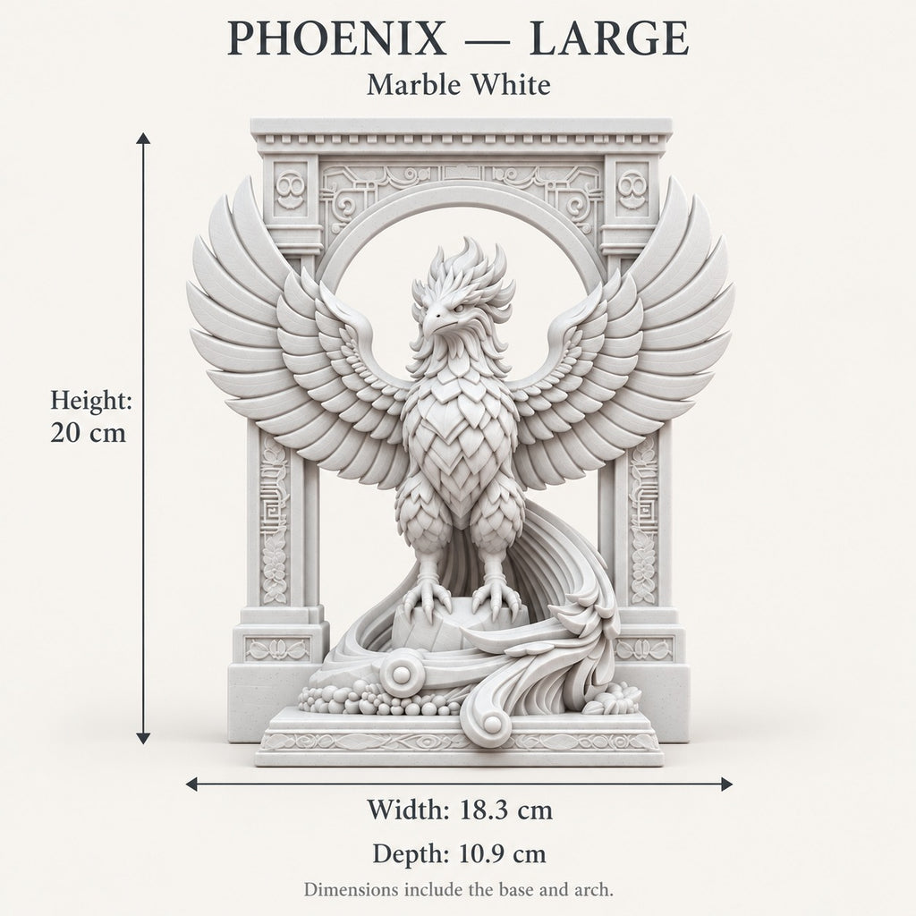 The Phoenix Rise Again desk sculpture in Marble White, large, 20 cm, size guide with dimensions
