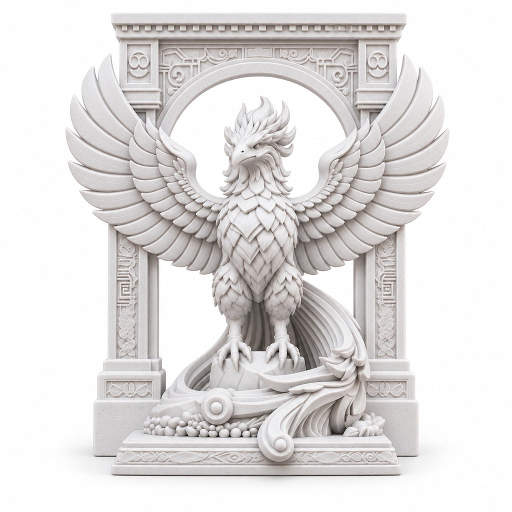 The Phoenix Rise Again desk sculpture in Marble White, large, 20 cm, on a white background