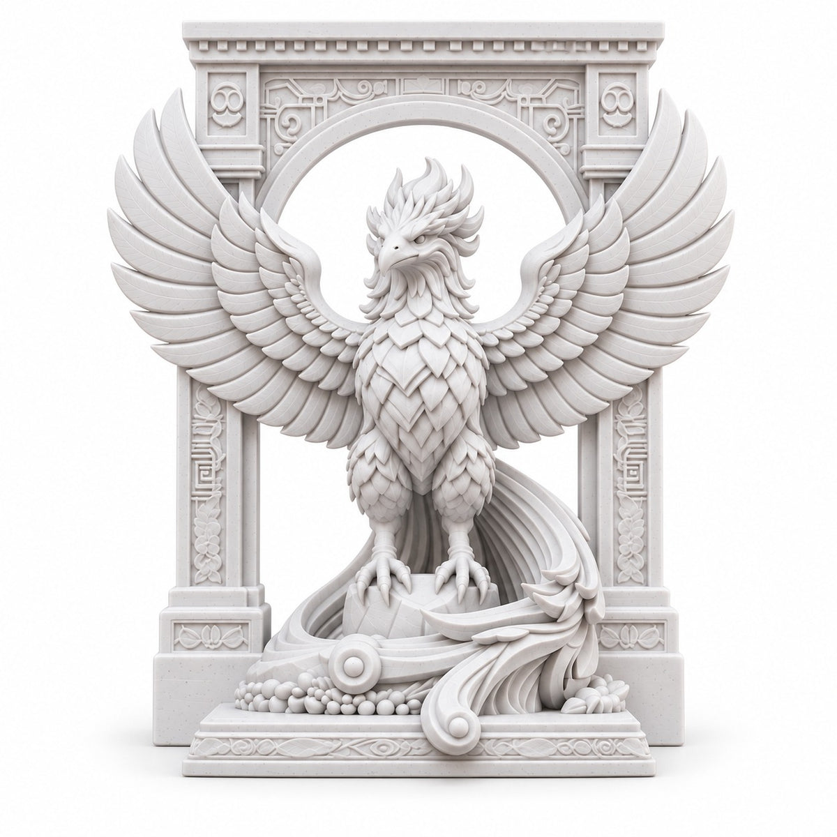 The Phoenix Rise Again desk sculpture in Marble White, large, 20 cm, on a white background