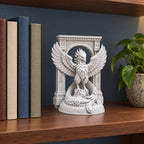 The Phoenix Rise Again desk sculpture in Marble White, small, 14.5 cm, on a bookshelf