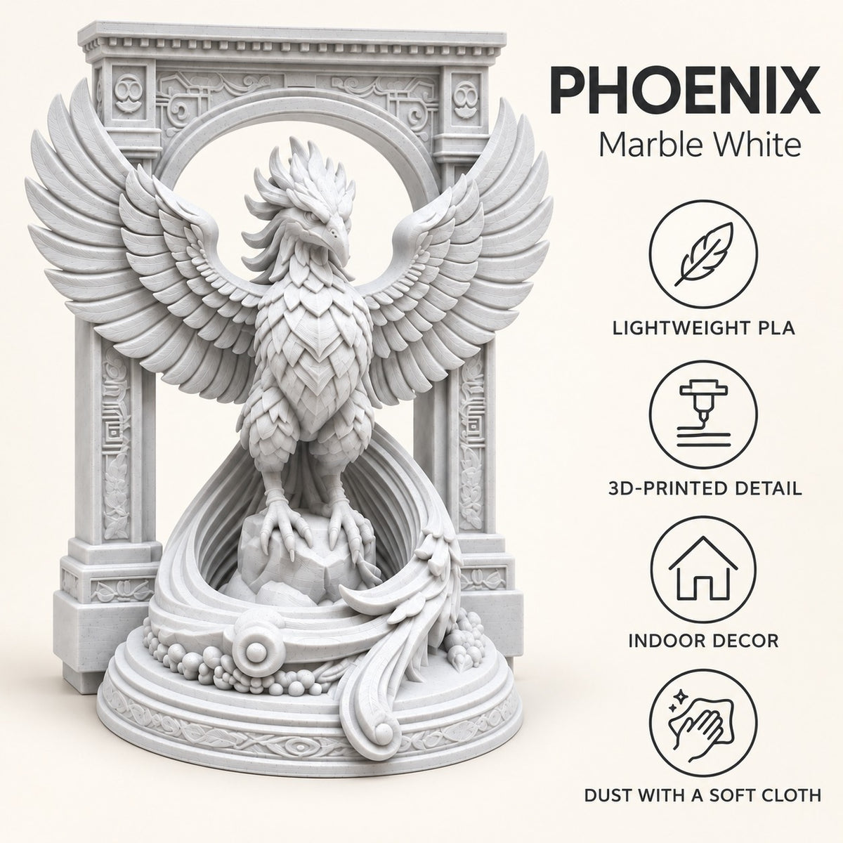 The Phoenix Rise Again desk sculpture in Marble White, small, 14.5 cm, material and care details