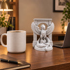 The Phoenix Rise Again desk sculpture in Marble White, small, 14.5 cm, on an office desk