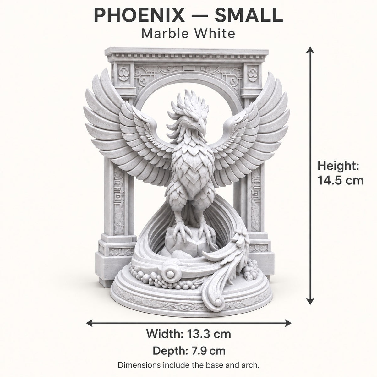 The Phoenix Rise Again desk sculpture in Marble White, small, 14.5 cm, size guide with dimensions
