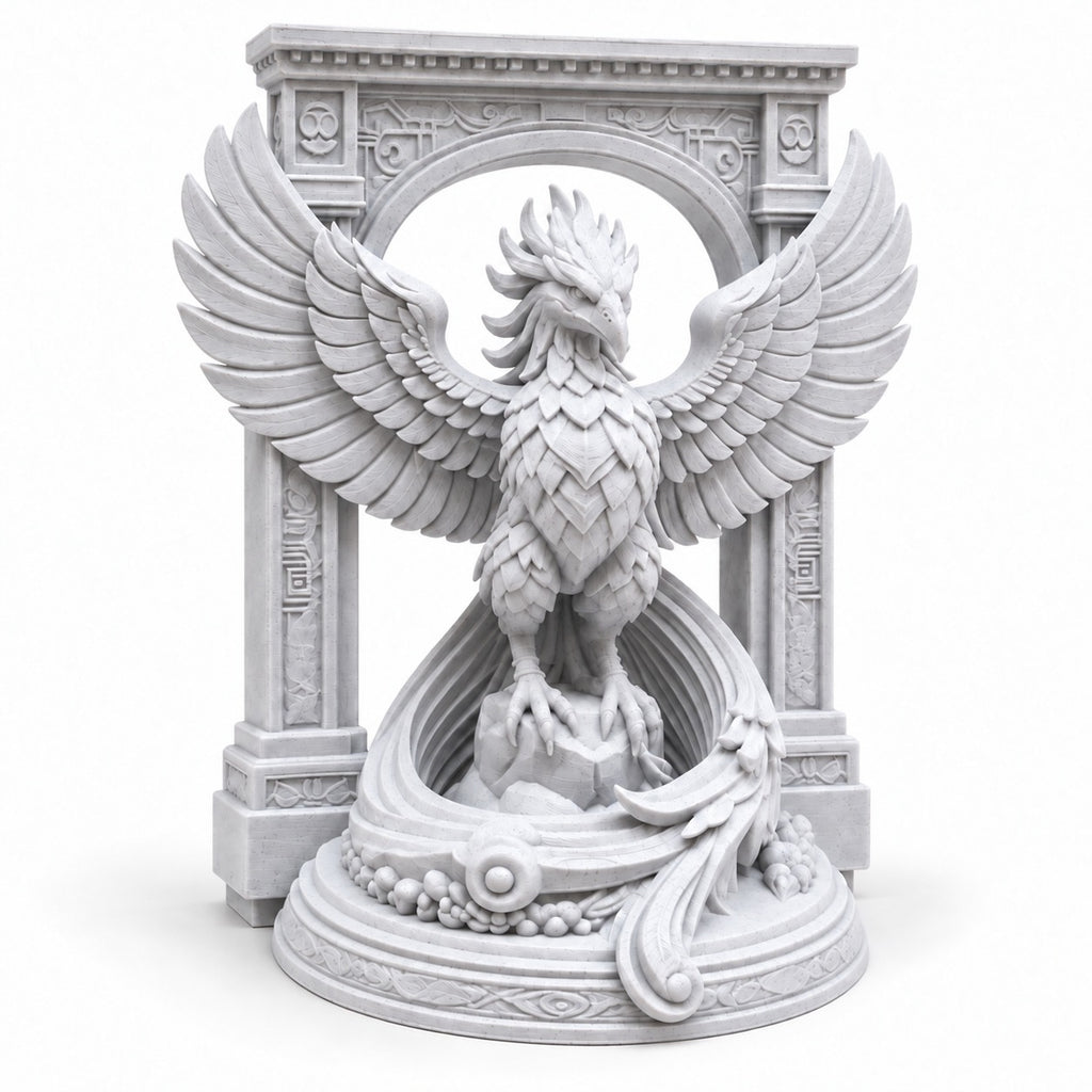 The Phoenix Rise Again desk sculpture in Marble White, small, 14.5 cm, on a white background