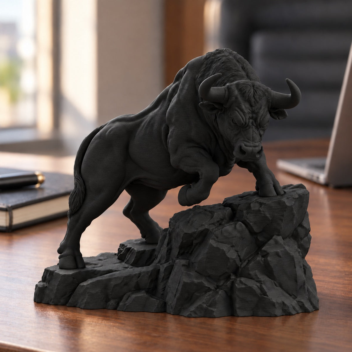 CONQR Raging Bull desk statue in Black on a work desk