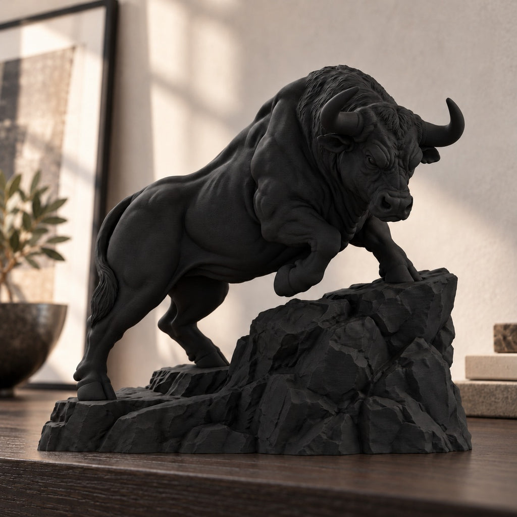 CONQR Raging Bull desk statue in Black low angle view on a desk
