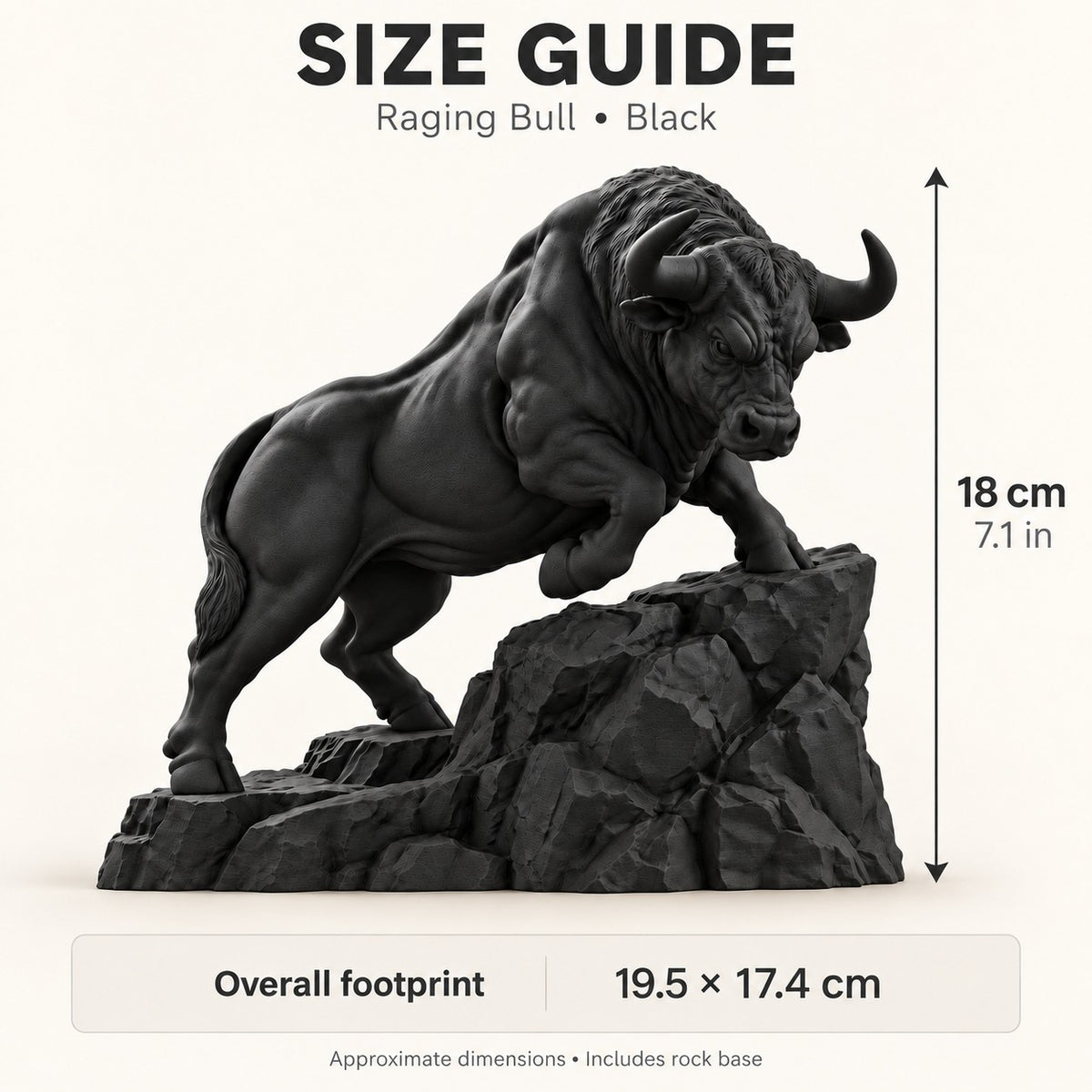 CONQR Raging Bull desk statue in Black size guide - 18 cm / 7.1 inch tall