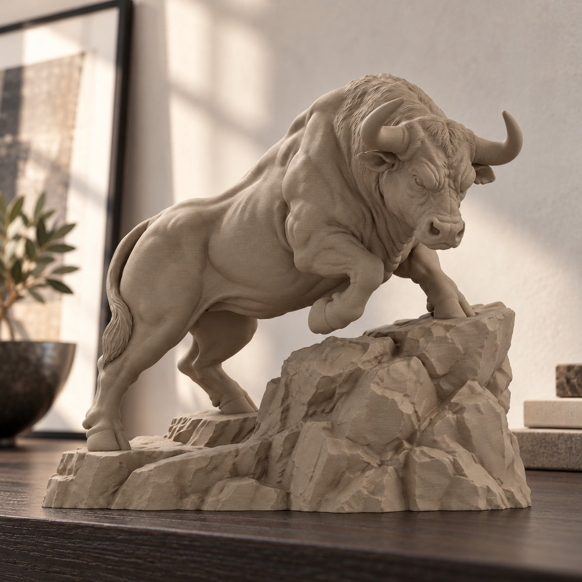 CONQR Raging Bull desk statue in Sandstorm low angle view on a desk
