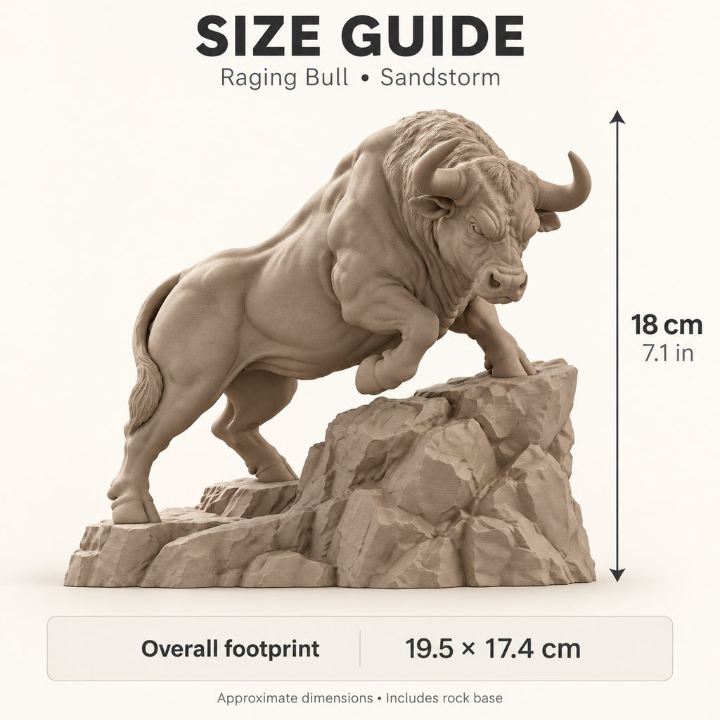 CONQR Raging Bull desk statue in Sandstorm size guide - 18 cm / 7.1 inch tall