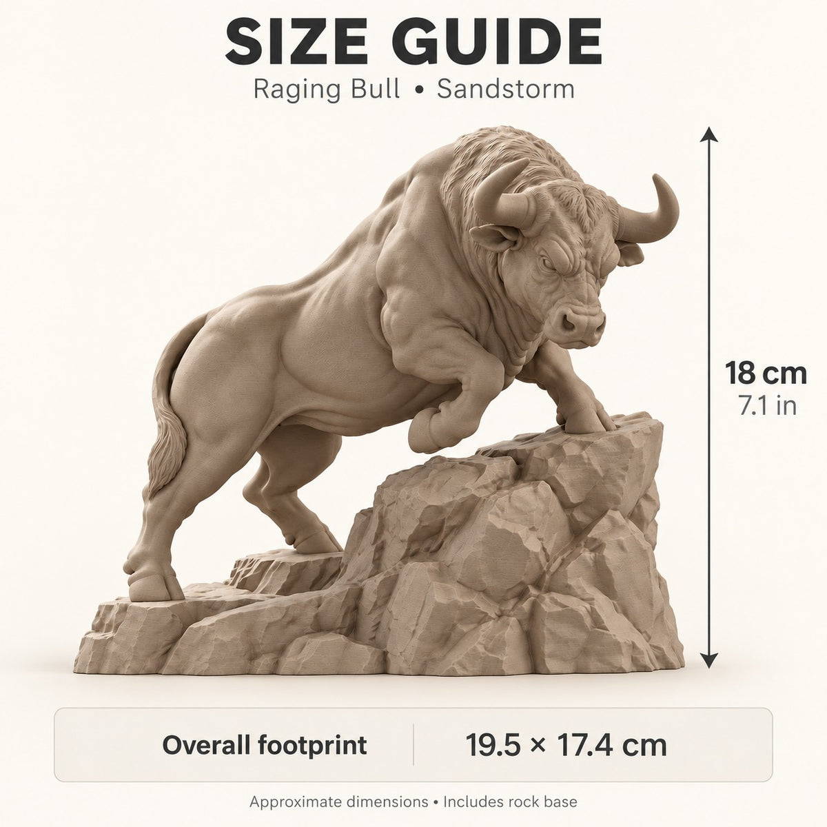 CONQR Raging Bull desk statue in Sandstorm size guide - 18 cm / 7.1 inch tall