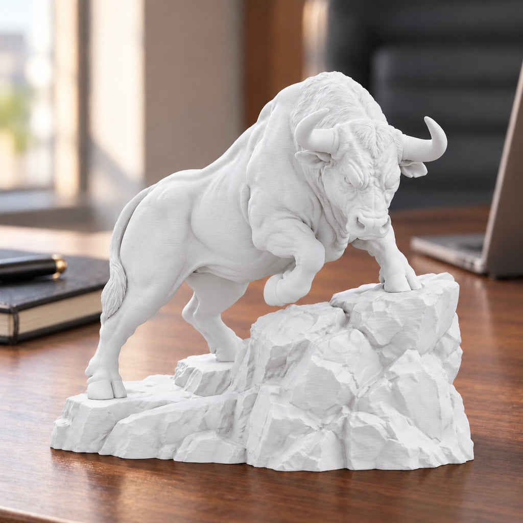 CONQR Raging Bull desk statue in White on a work desk