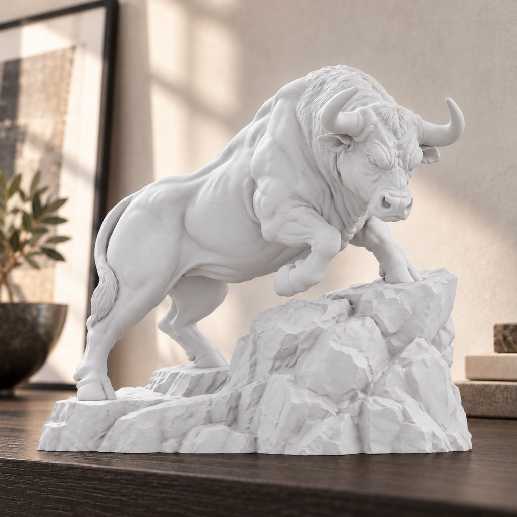 CONQR Raging Bull desk statue in White low angle view on a desk