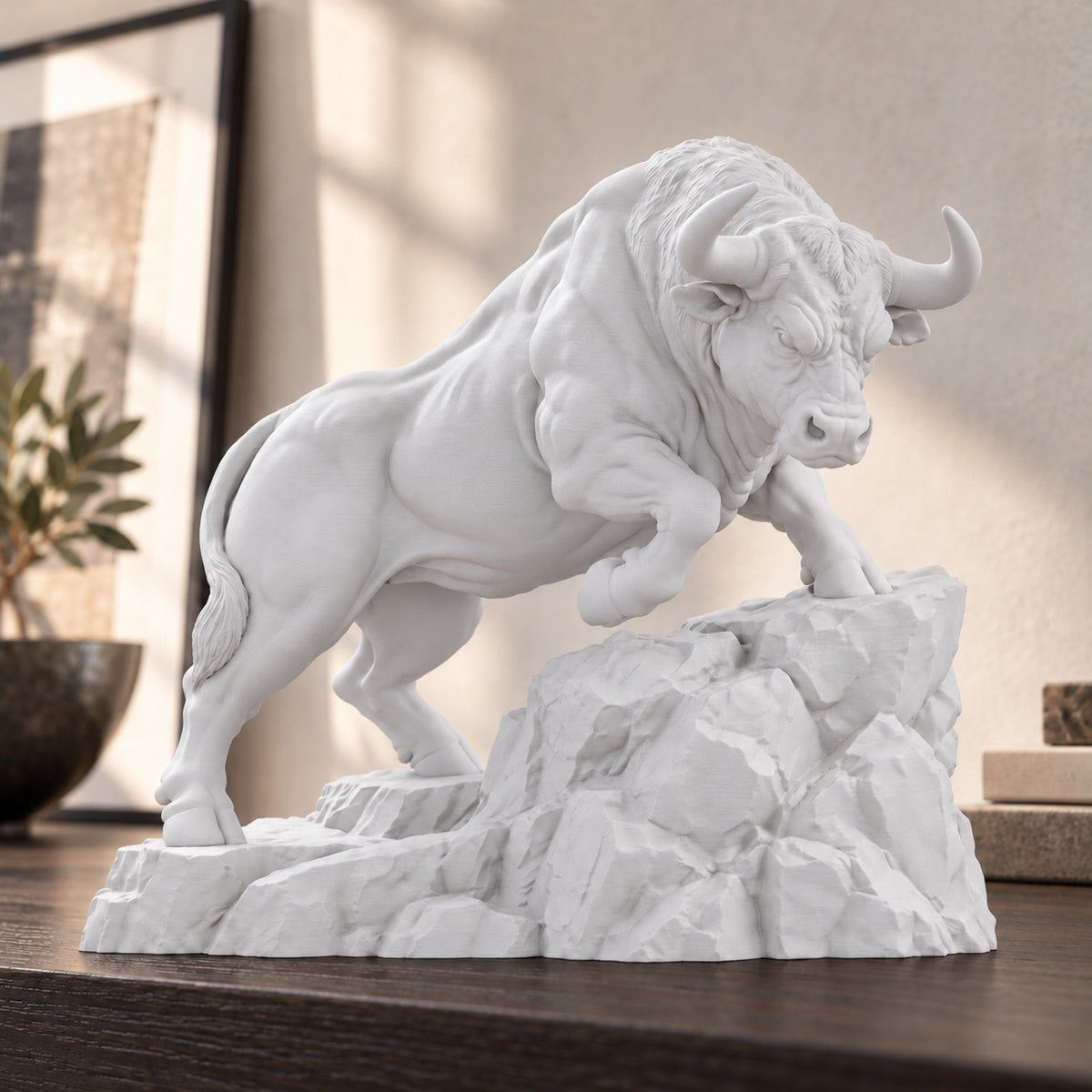 CONQR Raging Bull desk statue in White low angle view on a desk