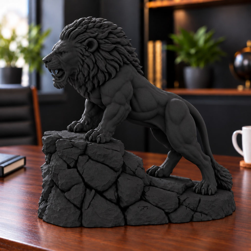 Unstoppable roaring lion desk statue in Black, large 22.5 cm, on a work desk
