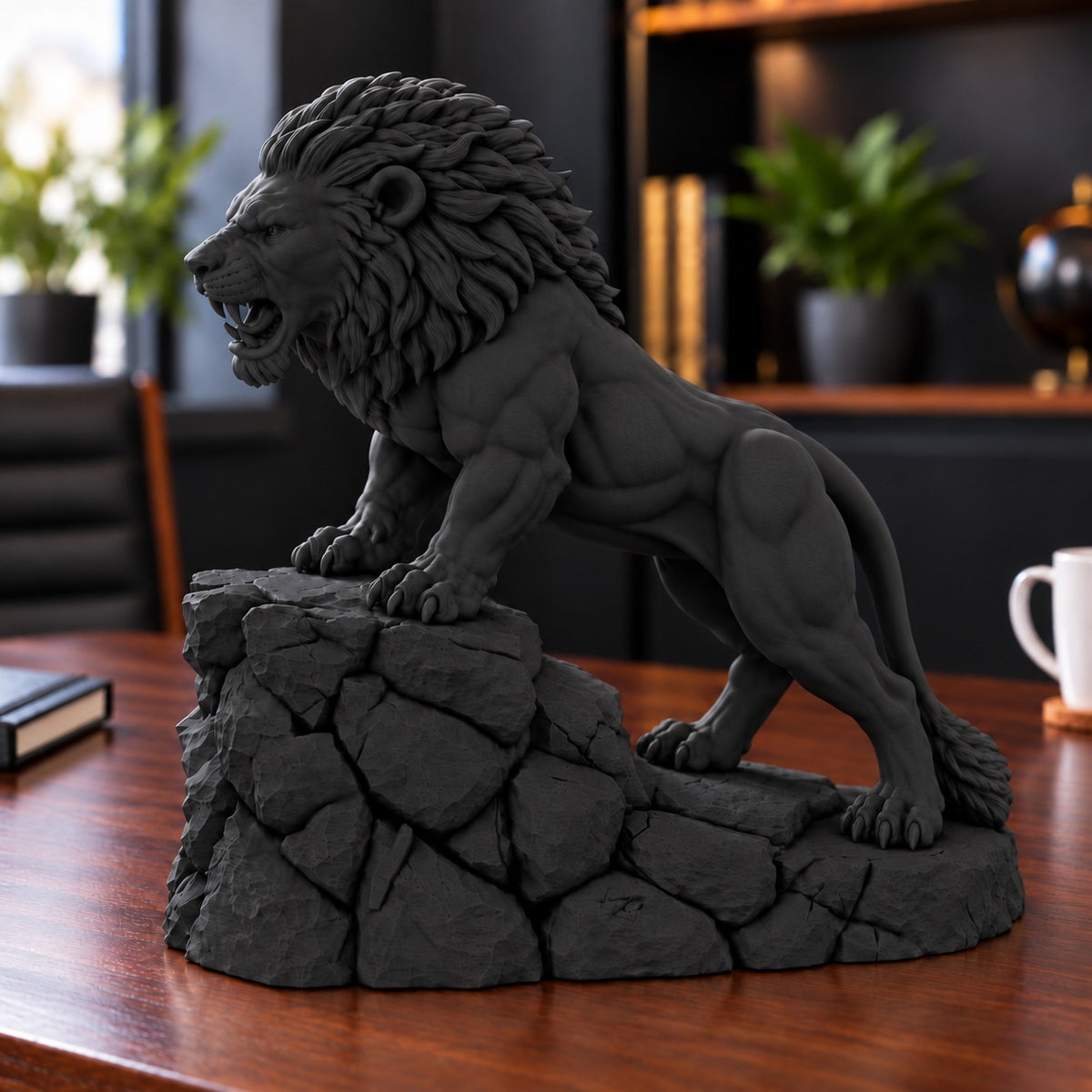 Unstoppable roaring lion desk statue in Black, large 22.5 cm, on a work desk