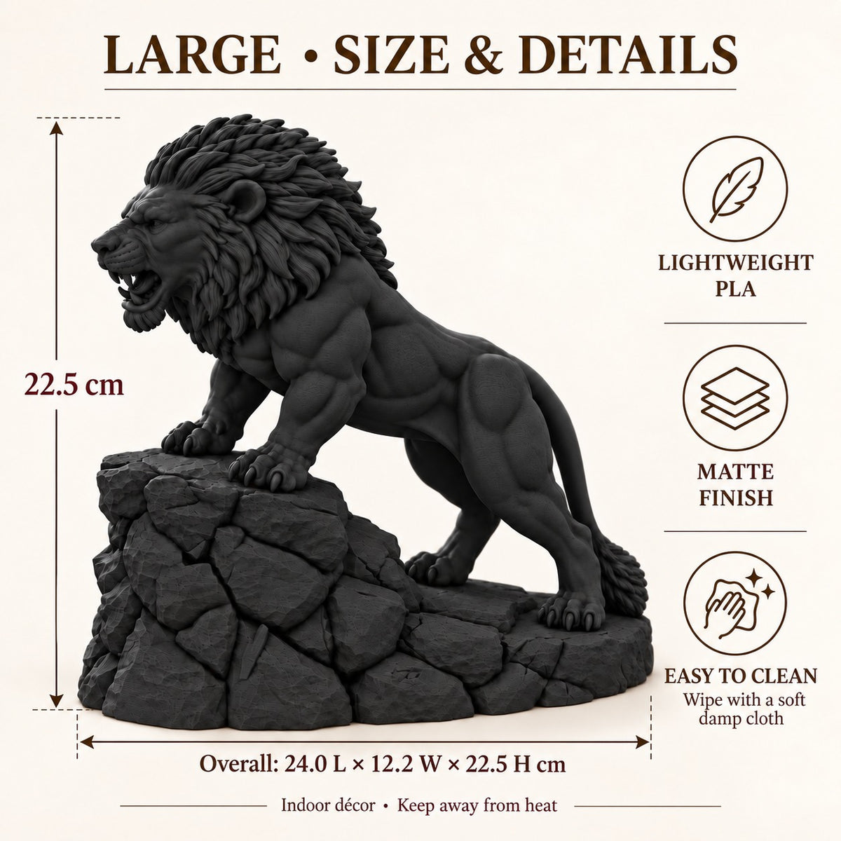 Unstoppable roaring lion desk statue in Black, large 22.5 cm, size and features, 22.5 cm tall