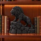 Unstoppable roaring lion desk statue in Black, large 22.5 cm, on a library bookshelf