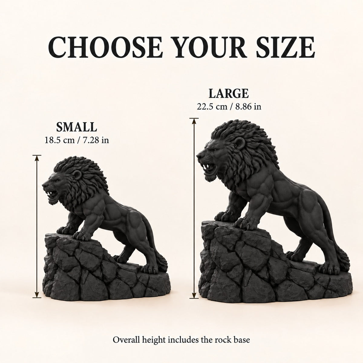 Unstoppable roaring lion desk statue in Black: small 18.5 cm and large 22.5 cm side by side