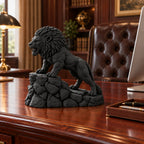 Unstoppable roaring lion desk statue in Black, small 18.5 cm, on an executive desk