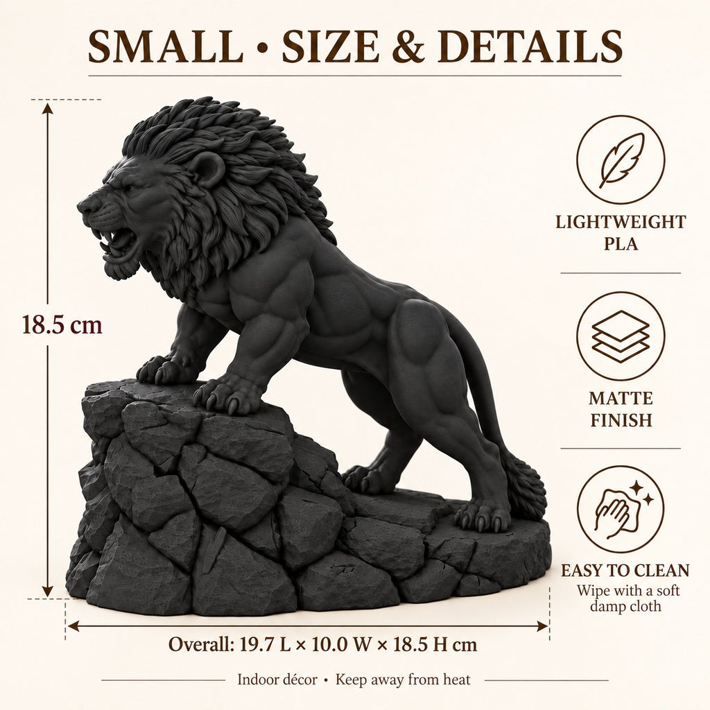 Unstoppable roaring lion desk statue in Black, small 18.5 cm, size and features, 18.5 cm tall