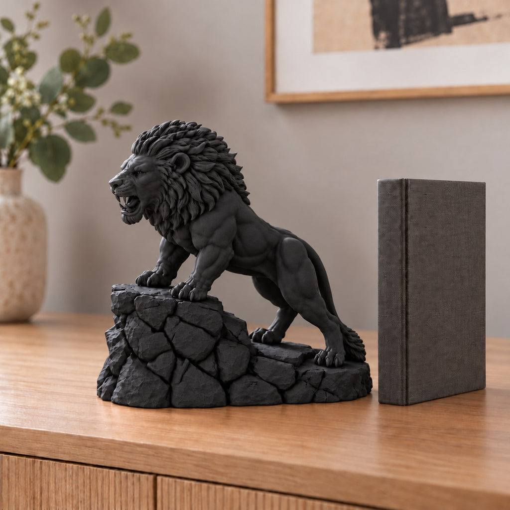 Unstoppable roaring lion desk statue in Black, small 18.5 cm, in a home study