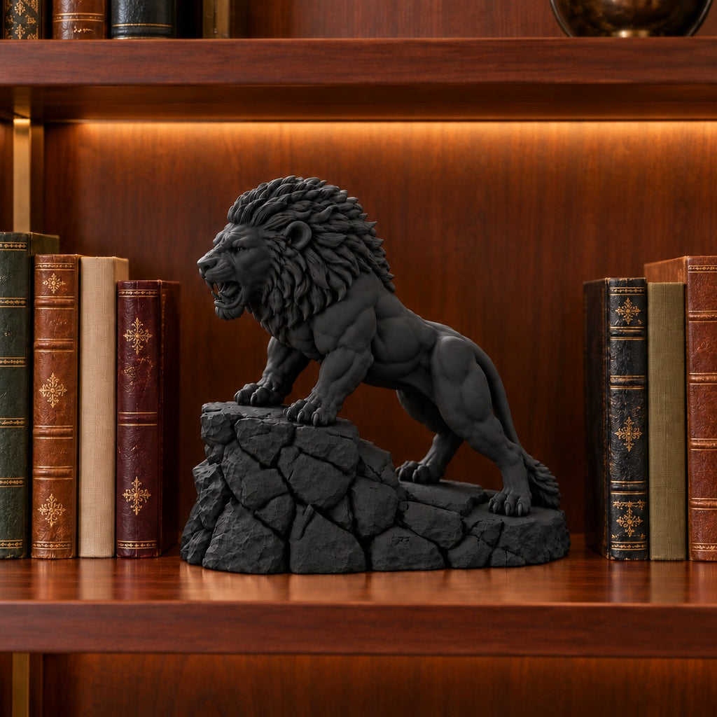 Unstoppable roaring lion desk statue in Black, small 18.5 cm, on a library bookshelf