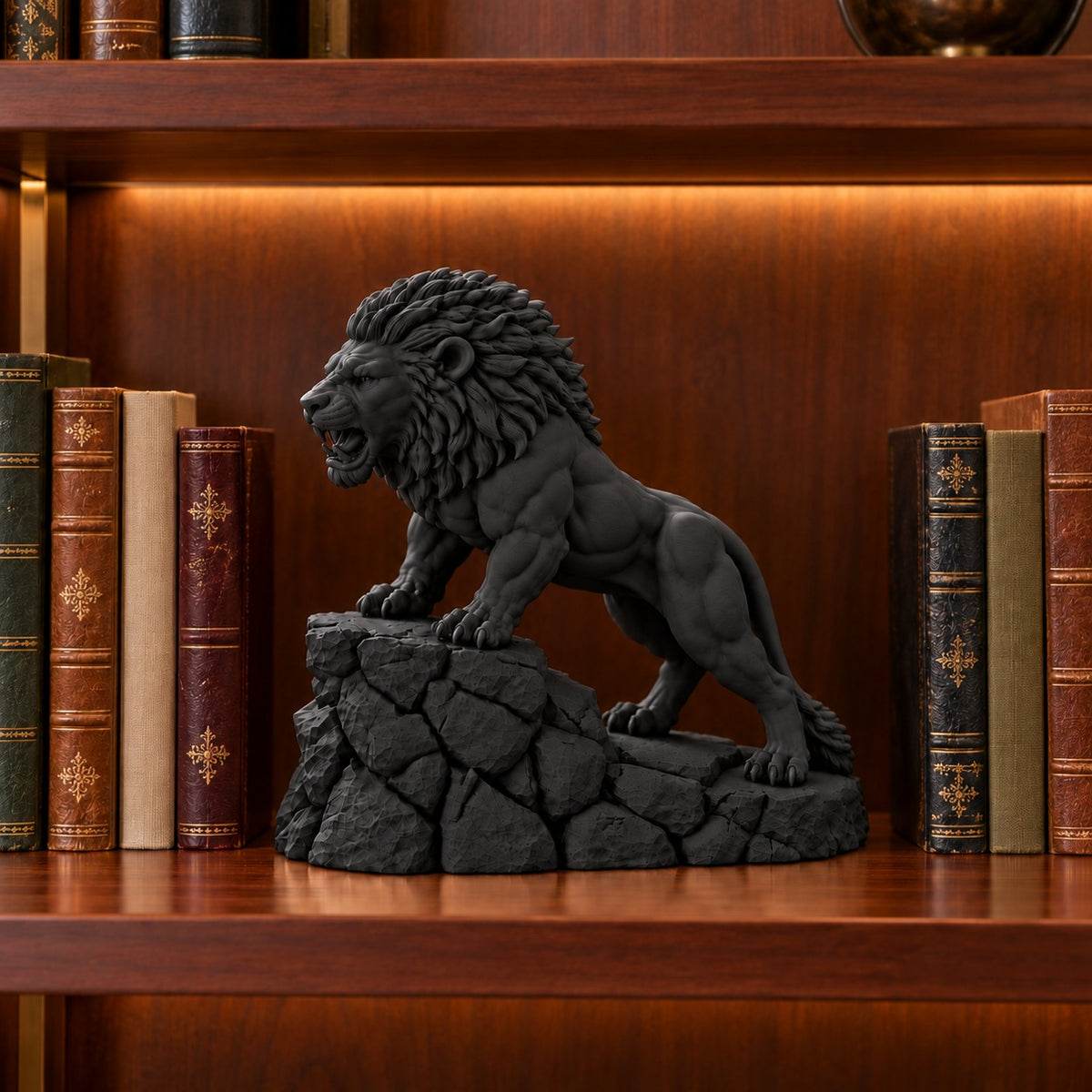 Unstoppable roaring lion desk statue in Black, small 18.5 cm, on a library bookshelf