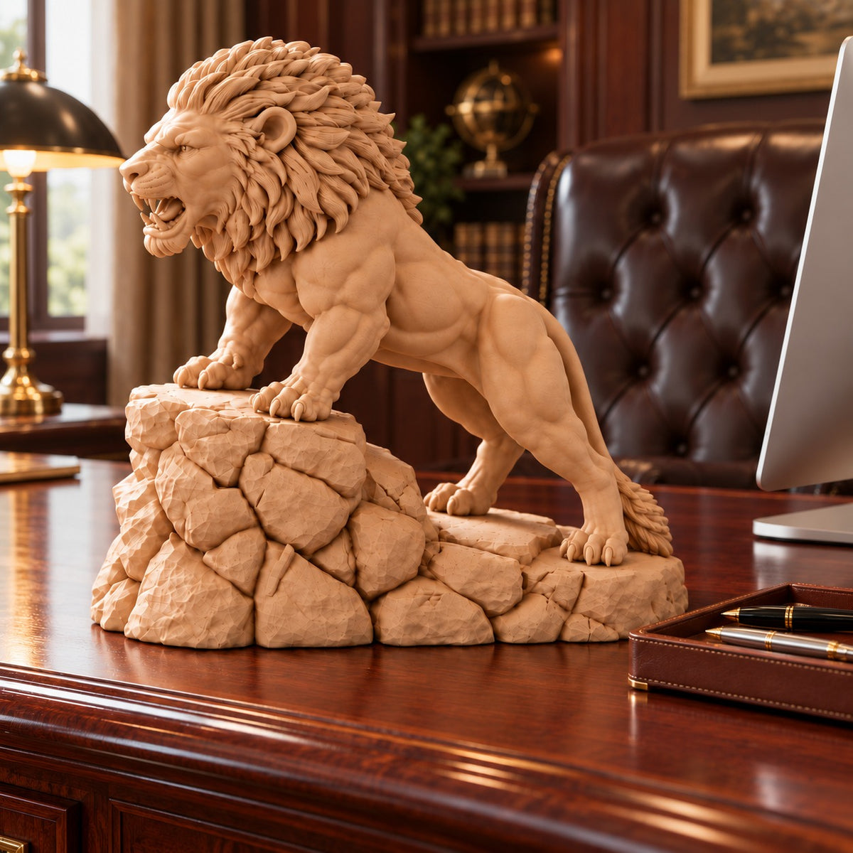 Unstoppable roaring lion desk statue in Sandstorm, large 22.5 cm, on an executive desk