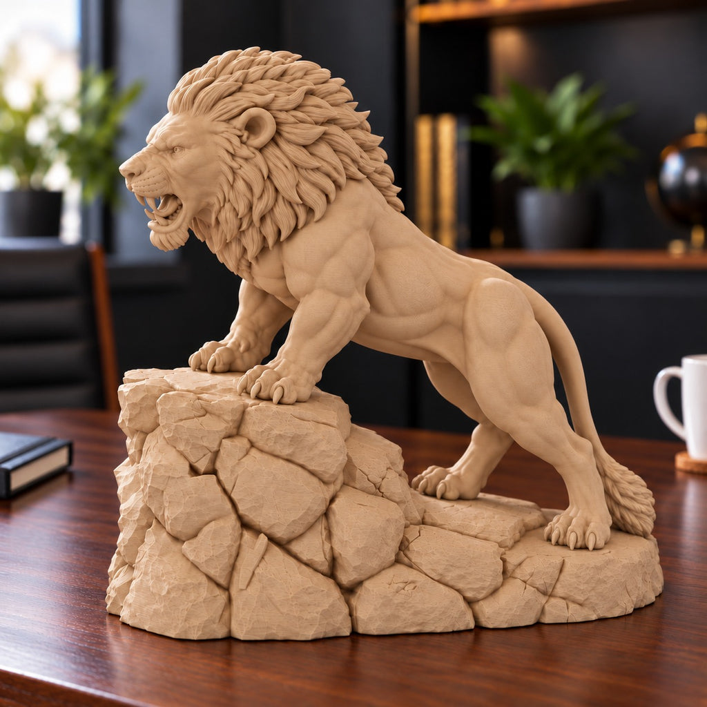 Unstoppable roaring lion desk statue in Sandstorm, large 22.5 cm, on a work desk