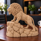 Unstoppable roaring lion desk statue in Sandstorm, large 22.5 cm, on a work desk