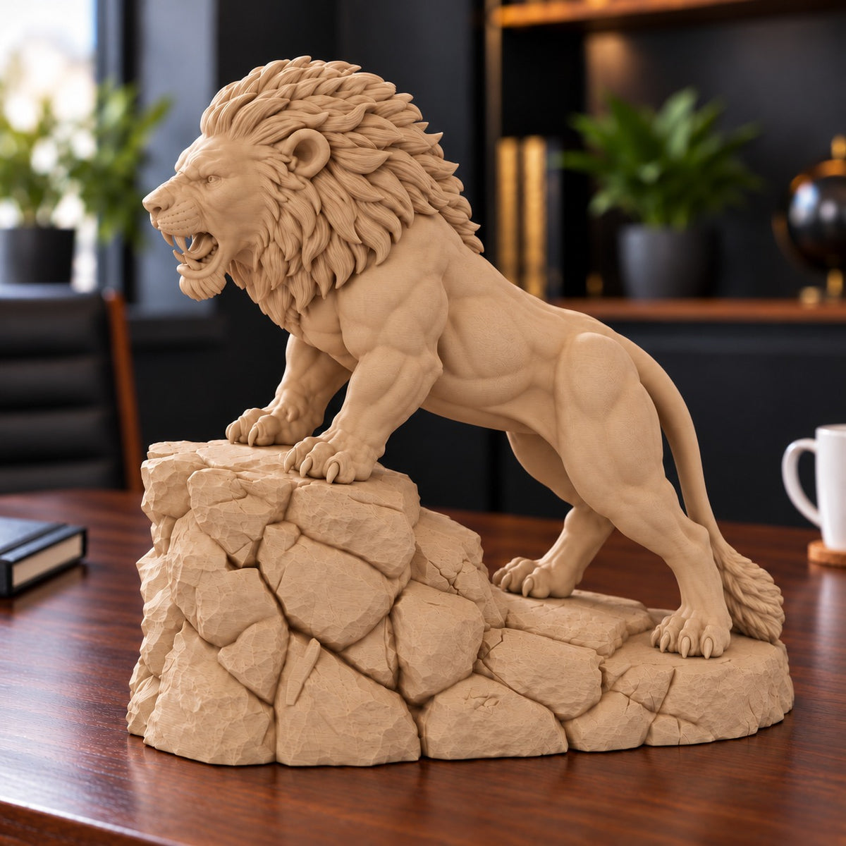 Unstoppable roaring lion desk statue in Sandstorm, large 22.5 cm, on a work desk