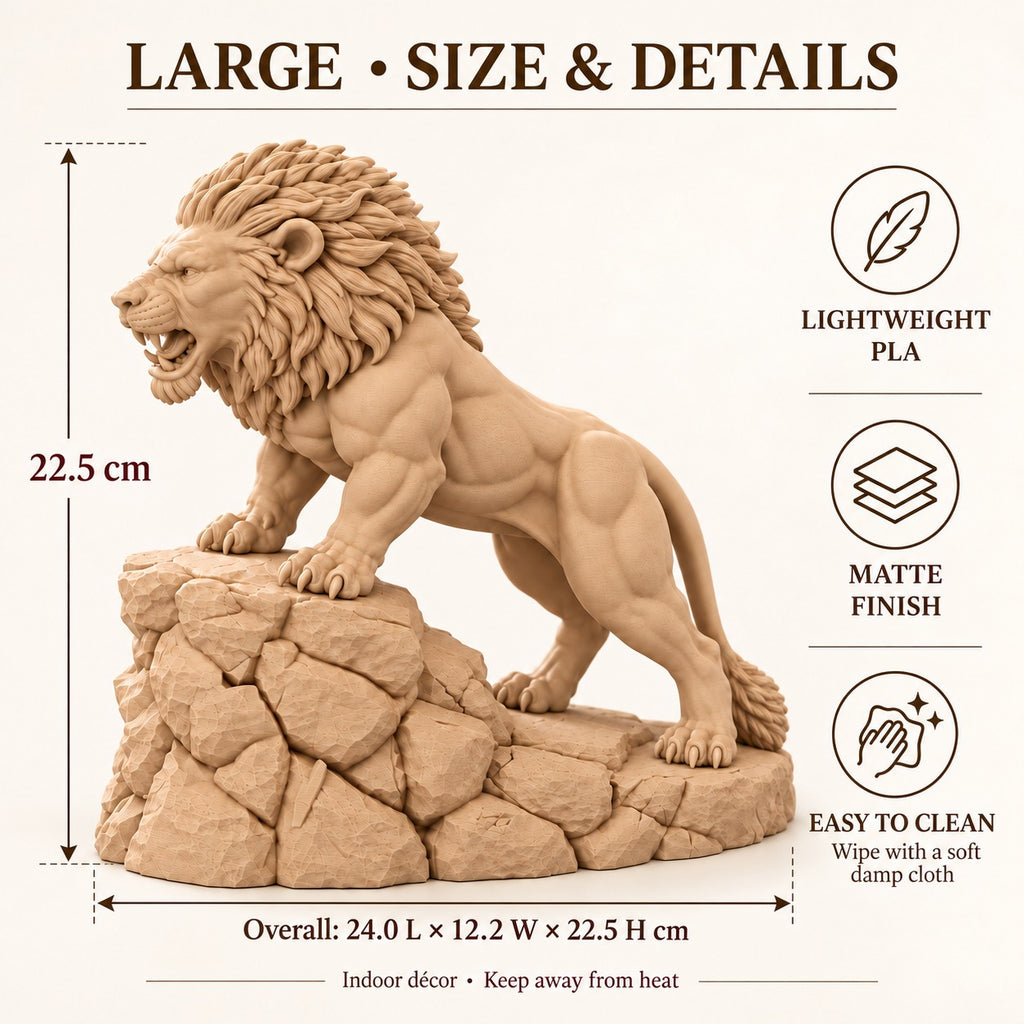 Unstoppable roaring lion desk statue in Sandstorm, large 22.5 cm, size and features, 22.5 cm tall