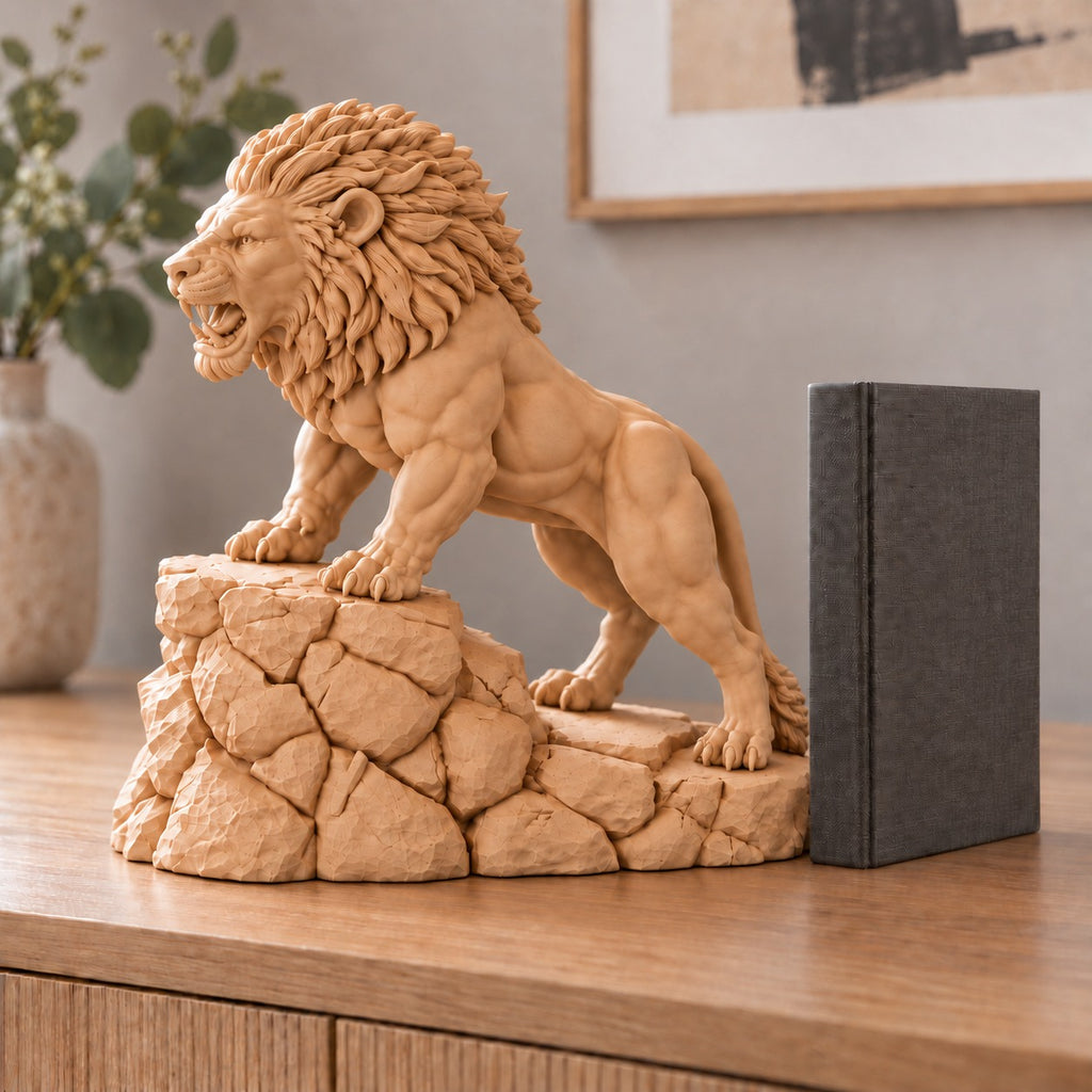 Unstoppable roaring lion desk statue in Sandstorm, large 22.5 cm, in a home study
