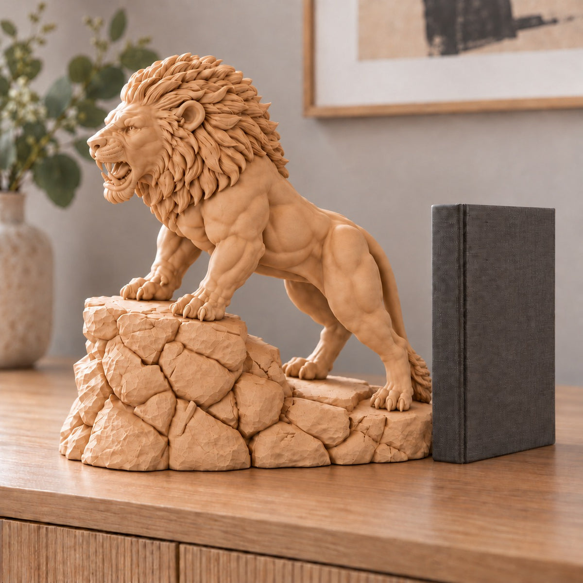 Unstoppable roaring lion desk statue in Sandstorm, large 22.5 cm, in a home study