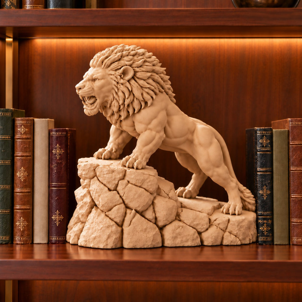 Unstoppable roaring lion desk statue in Sandstorm, large 22.5 cm, on a library bookshelf