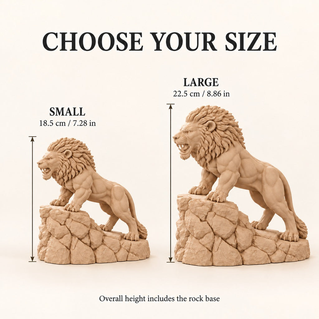 Unstoppable roaring lion desk statue in Sandstorm: small 18.5 cm and large 22.5 cm side by side