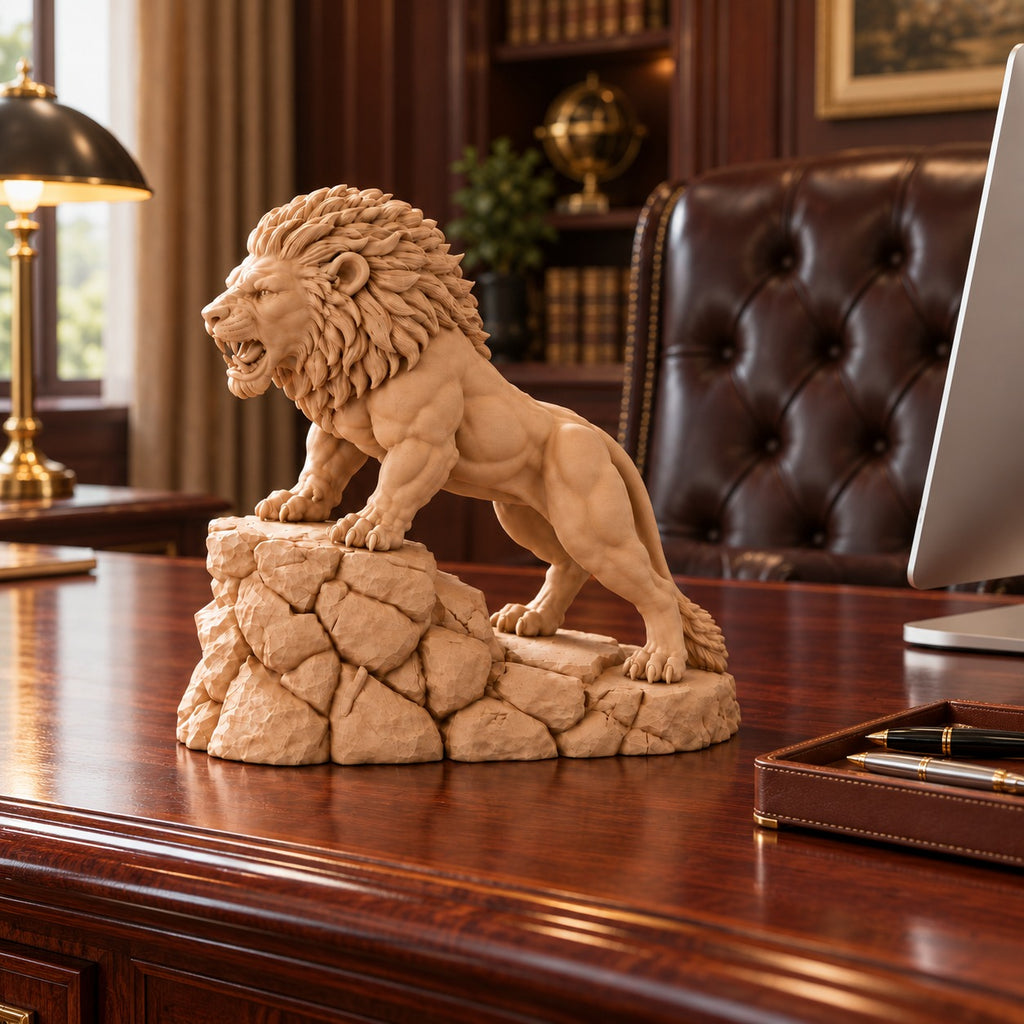 Unstoppable roaring lion desk statue in Sandstorm, small 18.5 cm, on an executive desk