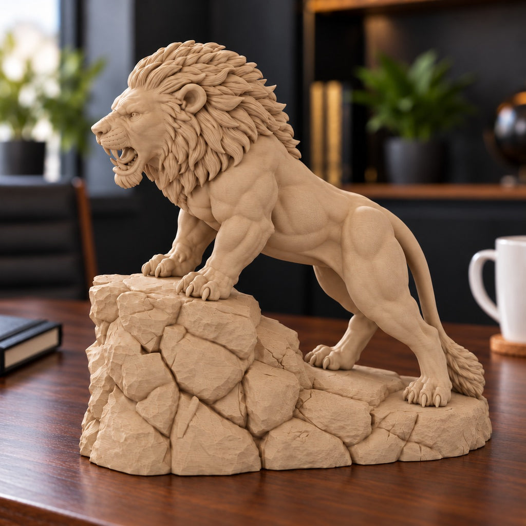 Unstoppable roaring lion desk statue in Sandstorm, small 18.5 cm, on a work desk