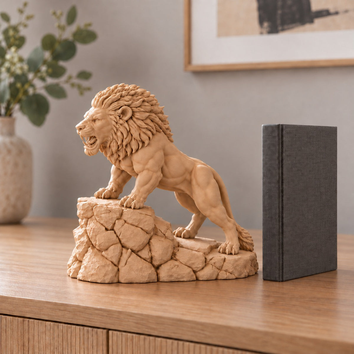 Unstoppable roaring lion desk statue in Sandstorm, small 18.5 cm, in a home study