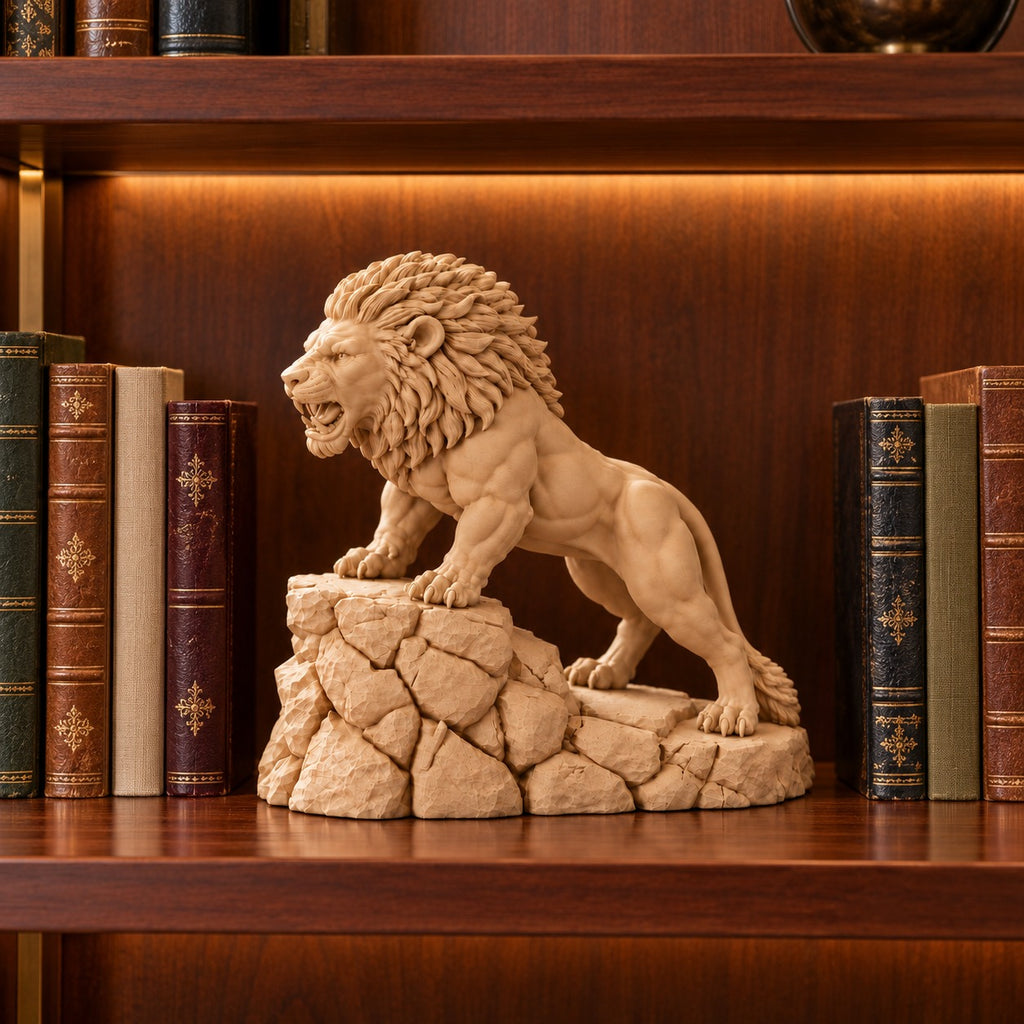 Unstoppable roaring lion desk statue in Sandstorm, small 18.5 cm, on a library bookshelf