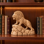 Unstoppable roaring lion desk statue in Sandstorm, small 18.5 cm, on a library bookshelf
