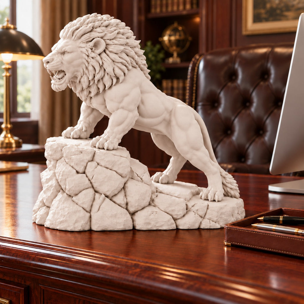 Unstoppable roaring lion desk statue in Warm Beige, large 22.5 cm, on an executive desk