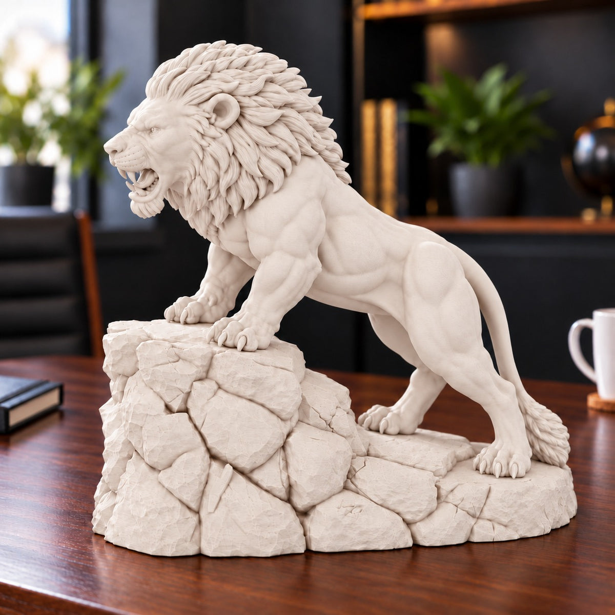Unstoppable roaring lion desk statue in Warm Beige, large 22.5 cm, on a work desk