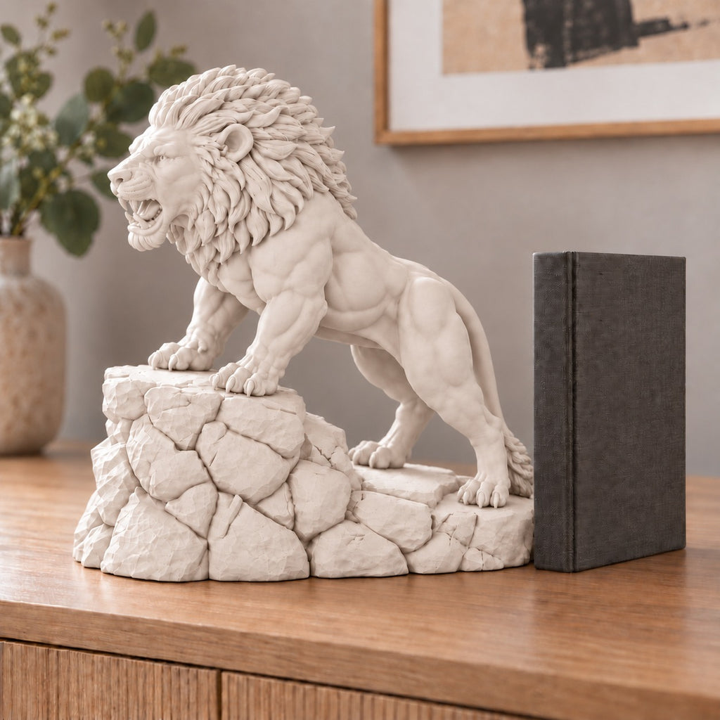 Unstoppable roaring lion desk statue in Warm Beige, large 22.5 cm, in a home study