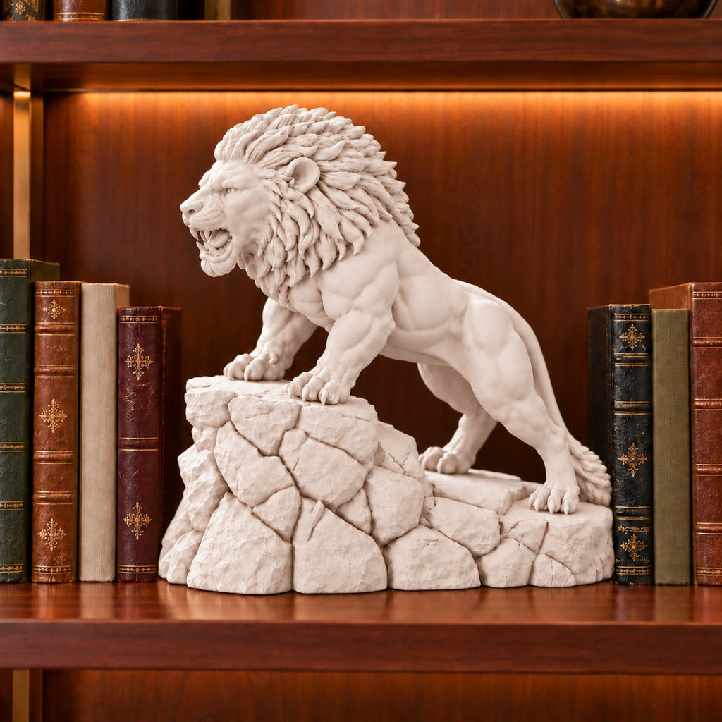 Unstoppable roaring lion desk statue in Warm Beige, large 22.5 cm, on a library bookshelf