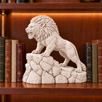 Unstoppable roaring lion desk statue in Warm Beige, large 22.5 cm, on a library bookshelf