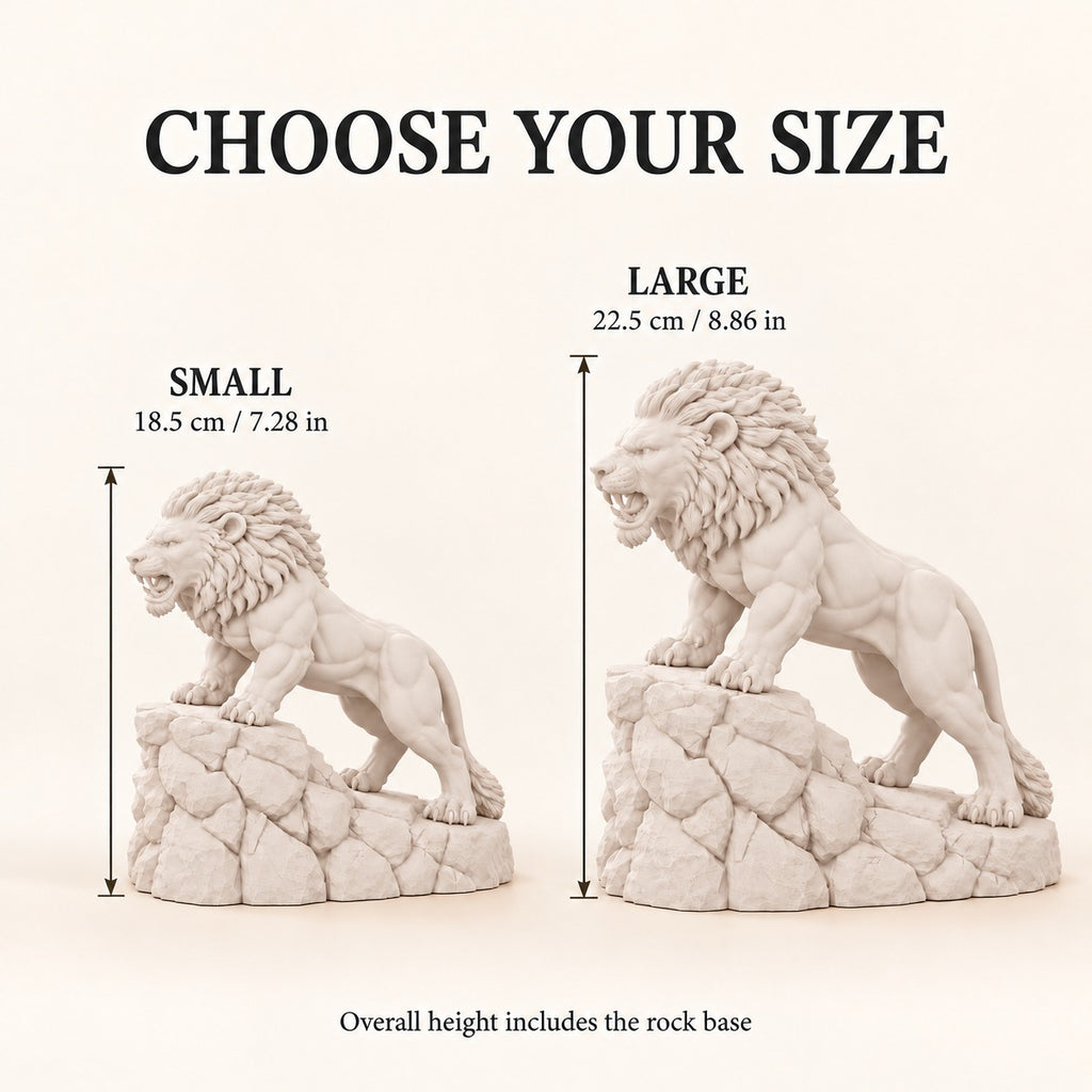 Unstoppable roaring lion desk statue in Warm Beige: small 18.5 cm and large 22.5 cm side by side