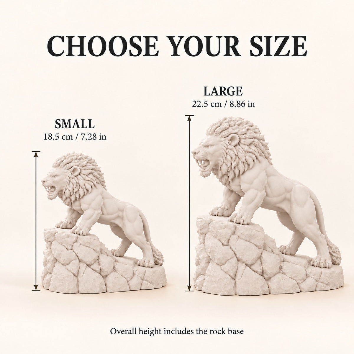 Unstoppable roaring lion desk statue in Warm Beige: small 18.5 cm and large 22.5 cm side by side